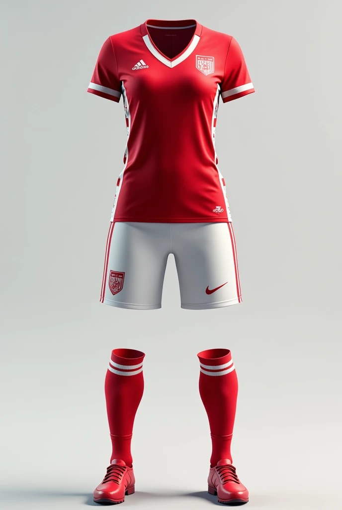 Women's soccer team uniform T-shirt: Red base color with white details, like the V-neck and horizontal stripes on the sides.
Shorts: White with a red stripe on the sides.
socks: Red with a white band on top.
Accessories: Team logo in white on the chest.