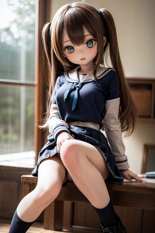 Doll、Doll、delicate、detailed、high quality、High resolution、4hair、high quality、long Hair、long hair、Brown Hair Color、Turquoise Eyes、uniform、high school student、Big Breasts、Sailor suit、Ultra-mini pleated skirt、Navy Blue Skirt、loose socks、Pure white panties、Shiny panty fabric、Wet crotch、Sitting on the floor、Sit without a chair、Sitting directly on a wet floor、Wet crotch、Mirror floor、A person is reflected in the mirror、Mirror directly under the crotch