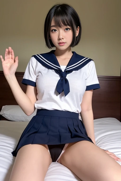 Realistic photos of Japanese  high school, Wear your uniform correctly, Summer short-sleeved sailor uniform, Red ribbon，Navy blue short skirt, Her Room，Raise one hand，Bob hair or short cut，Sensual face，Realistic white and fine skin，Young and beautiful face，Sit on the bed with one knee raised，Her tiny white panties are clearly visible under her skirt，Her panties are digging into her pussy, The shape of her pussy is visible through the crotch of her panties，The crotch of the panties is wet and dirty，Attractive thighs，There is a lot of semen on the thighs，Slightly larger breasts，She masturbates to porn videos every day, I have no experience with men, I want to have sex quickly, I have a rape wish，Excessive sweat on the forehead