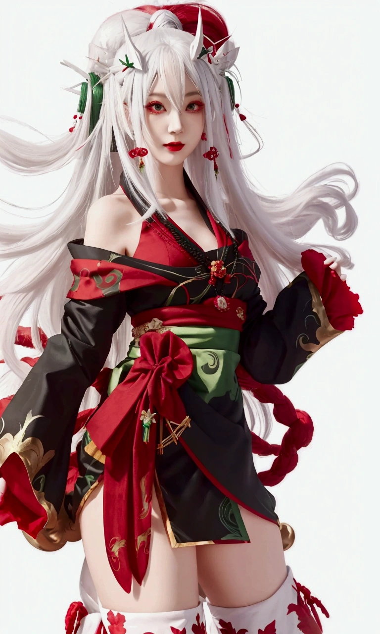 a woman in a red and black and green dress with long white hair, white haired deity, onmyoji portrait, onmyoji detailed art, onmyoji, cute waifu in a nice dress, female character
