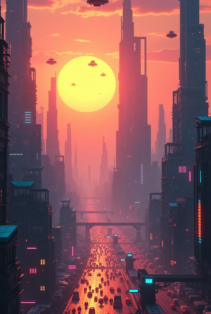 as the morning sun rises, setting horizon awash in a blaze of colors, pushing the darkness further and further, you can see the immense towers and vast stretch of cityscape in this futuristic vision of a ecumenopolis. with traffic on the lower levels, and hovering vehicles in the air, the city is coming alive with the rising sun