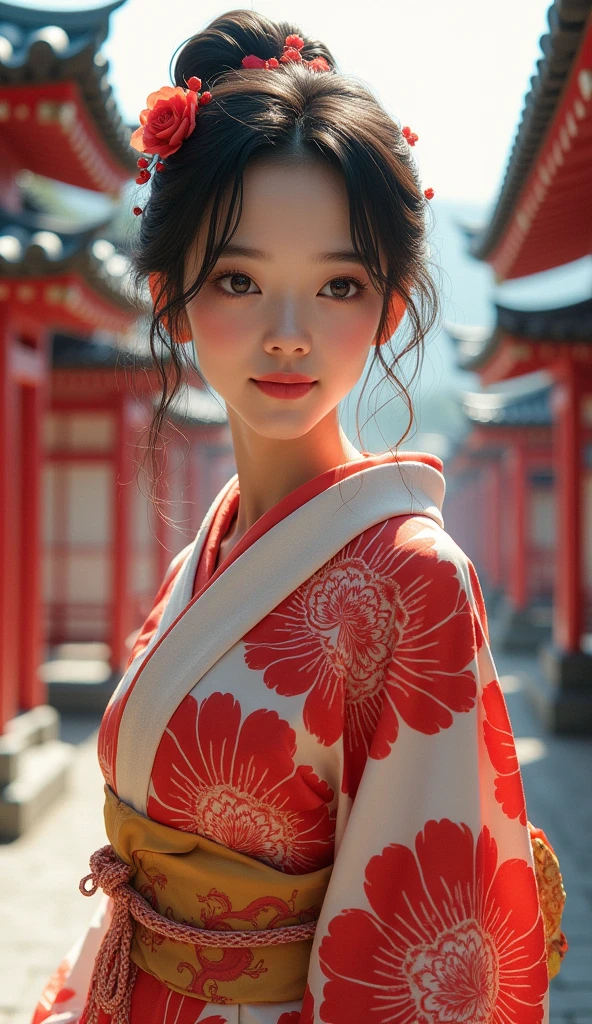 A beautiful young woman wearing brightly colored Japanese clothing、A charming expression、The upper white teeth are visible、(Japanese clothing with red floral pattern on a white background、Bright and vividly colored kimono)、((SeaArt creates beautiful women in kimono))、Full Body Shot、background、Shrines and temples、The atmosphere is like that of a Japanese Ukiyo-e painting.、