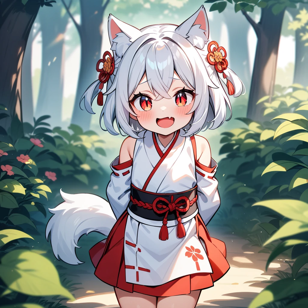 （masterpiece：1.2，high quality），4K，High resolution，A seven-year-old girl，cute girl，white hair，short hair， hair two side up ，kanzashi，crossed bangs，red eyes，slit pupils，cat ears，laughing，skin fang，Wear Japanese clothes，Wearing a Miko clothing，shoulder cutout，Stand in the forest，There are flowering trees on both sides.，primary school student，thigh，dog tail，alone，((Hands behind your back))