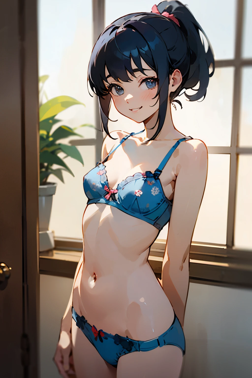 NSFW、In the best quality、 girl standing in a room。In high resolution、Beautiful details、Quiet atmosphere。Black hair ponytail、Cute Smile.。Small breasts、Cute floral blue bra、Wearing cute floral blue panties。