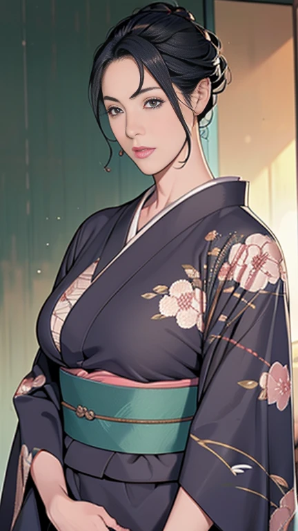 1，Japanese hairstyle，Photorealism，detailed，masterpiece，mature，((full))， (Broad shoulders), ((Huge))，Plus size mature women，expensive，30 years old，Pretty face, (Plump woman)，Beautiful long-sleeved kimono，kimono，Hold your chest with both hands:1，high quality，Are standing，High Resolution 4K Information,Kyoto,
