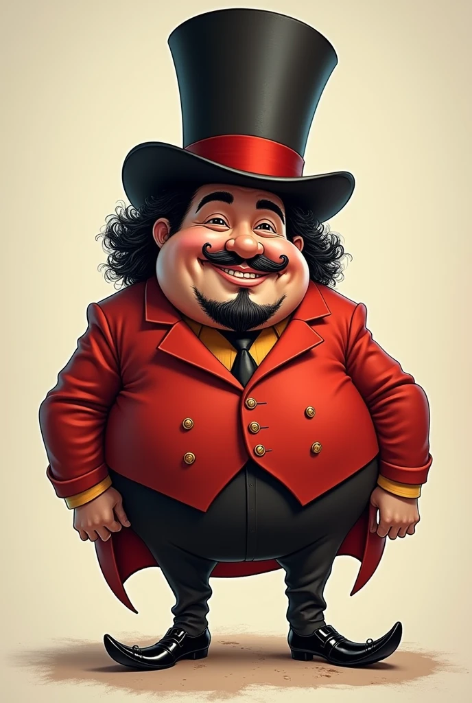 A guy with a top hat and a piano body, Mustache and goatee, Black curly hair, Red clothing, pointed toe shoes, charmer smile, thick eyebrows