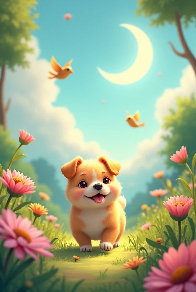 A cute, round, chubby dog walking around。Flowers, birds, wind and moon