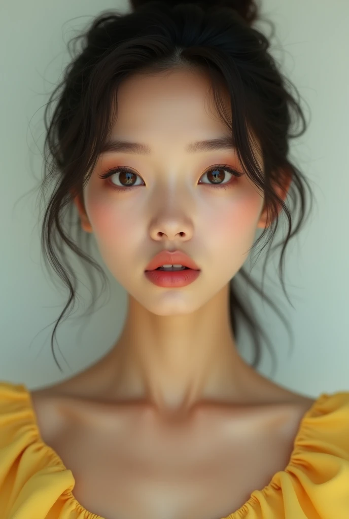 A brown-skinned girl who looks like Kylie Jenner with Asian features, full lips, sleepy eyes, long eyelashes, full cheeks, and wearing a yellow dress with sleeves 