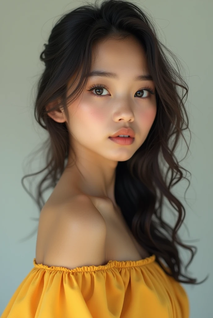 A brown-skinned girl who looks like Kylie Jenner with Asian features, full lips, sleepy eyes, long eyelashes, full cheeks, and wearing a yellow dress with sleeves 