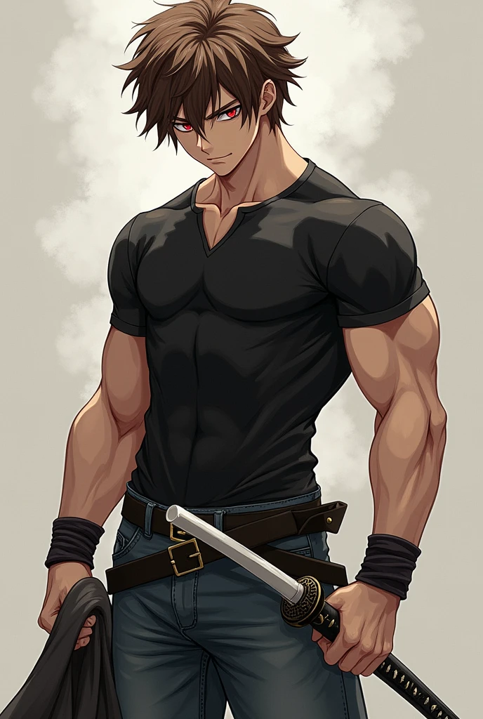 A muscular boy with deep red eyes and brown hair wearing a black shirt with jeans and a sweatshirt in his hand with a white katana and some wristbands 