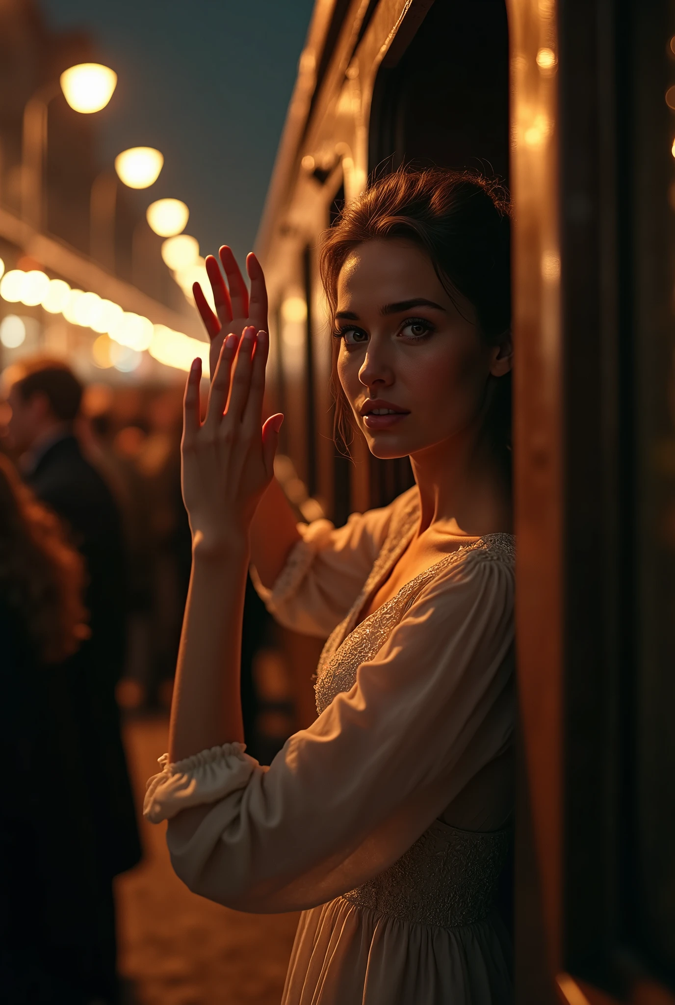 (photorealism:1.2), wanita cantik di pintu wagon melambaikan tangan sebagai salam perpisahan(sad facial expression looking at the camera), at a train station, crowded with people, lights at night, wagon