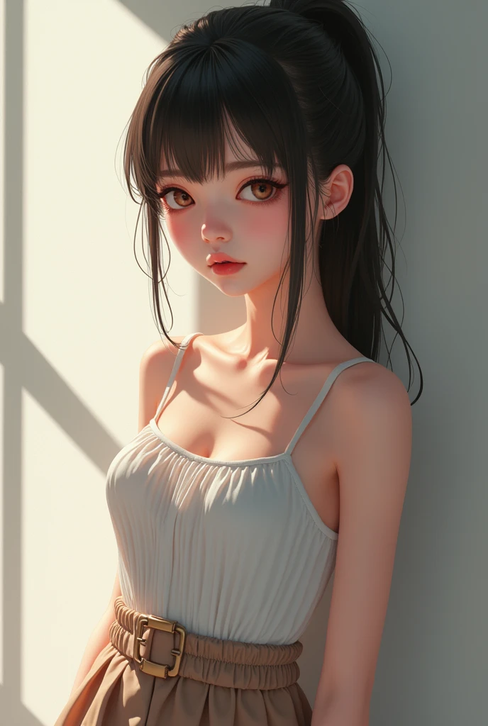 ponytail、Very beautiful cute girl、Bright and beautiful skin、Sexy and vebeautiful、Very cute face,extremely beautiful、Red lips、strapless tank top、Pleated Skirt、Knee socks