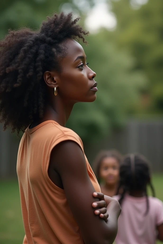 Realistic photo of a sad looking black mother watching her two daughters playing from afar