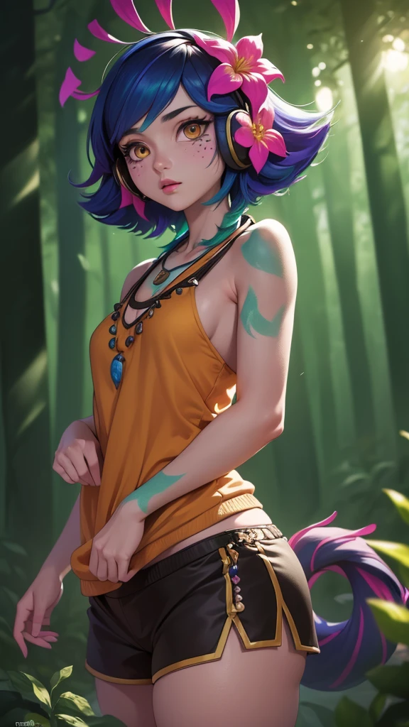 masterpiece,(best quality,top quality,8k),ultra detailed,illustration,painting,detailed eyes and face,1girl,neeko,facial marks, hair ornaments, hair flower, necklace,brown shorts, (black sweatshirt:1.1),(short hair),(headphone), pretty girl, beauty skin, ultra high res, raw photo , detailed body , (looking at viewer ),(puffy eyes) ,good contrast , high sharpness,(gorgeous),realistic,RAW Photography,(hyperdetailed:1.2),forest,night