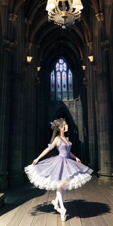Gliding gracefully across the lake like a graceful swan,Dancing lightly like a fairy under the moonlight,A mystical dance performed in the solemn cathedral,A magnificent dance performance in a medieval castle banquet hall. A realistic dance performance in a dimly lit forest.、((Highest quality)), ((masterpiece)), (detailed), Captivating Gaze, レオタードballetの人物, cute, 非常にdetailedな, 超High resolution,Highest quality, 8k, High resolution, 1 person, (Professional Lighting),、thin、ballet。ballerina。Soft lighting and excellent shadow representation、Expressing an emotional and romantic atmosphere。Be enchanted by the subtle details and vibrant colors of gorgeous frilly purple opera tutus and leotards.。Great stage backdrop.Finished face、European women、Gray Hair、Medieval European streets