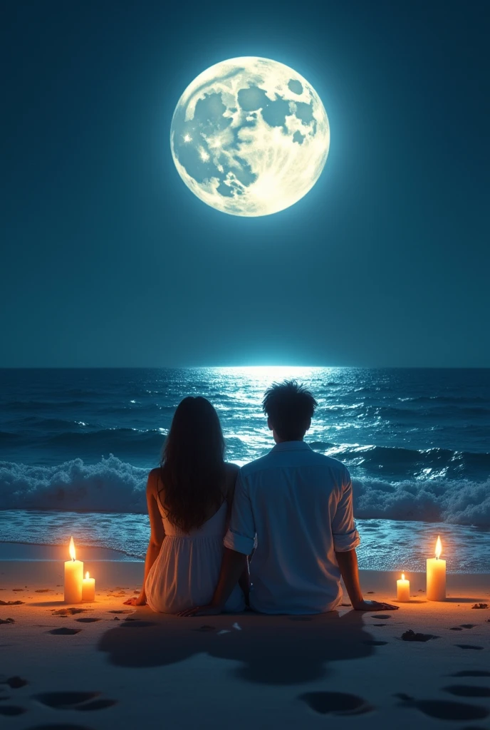 Moonlit night, sea, beach, moon reflected on the water, beautiful in every detail, lots of candlelight, lovers sitting