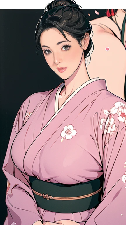 1,Japanese hairstyle,Photorealism,detailed,masterpiece,mature,((full)), (Broad shoulders), ((Huge)),(Beautiful long-sleeved kimono,Kimono,smile,masterpiece,high qualityのAn illustration,, An illustration:Zoe Mozart, pin up art byZoe Mozert, ヴィンテージpin up, ゾーイ・モザートによるAn illustration, girl pin up, pin up girl, pin upポスターガール, pin upガール, pin up, pin upガール,30 years old、high quality,Are standing,High Resolution 4K Information,Kyoto,Cherry tree,