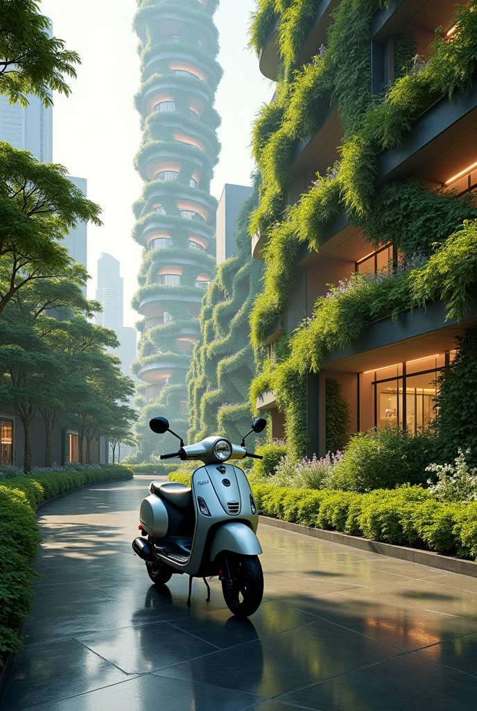 A futuristic urban environment with an electric Vespa parked in a green area next to a modern building with vertical vegetation. The scene is illuminated by LED lights that highlight style and efficiency.