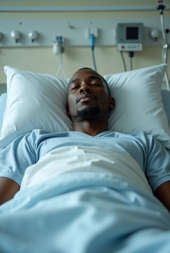 First person photo of black person lying on a bed in a hospital