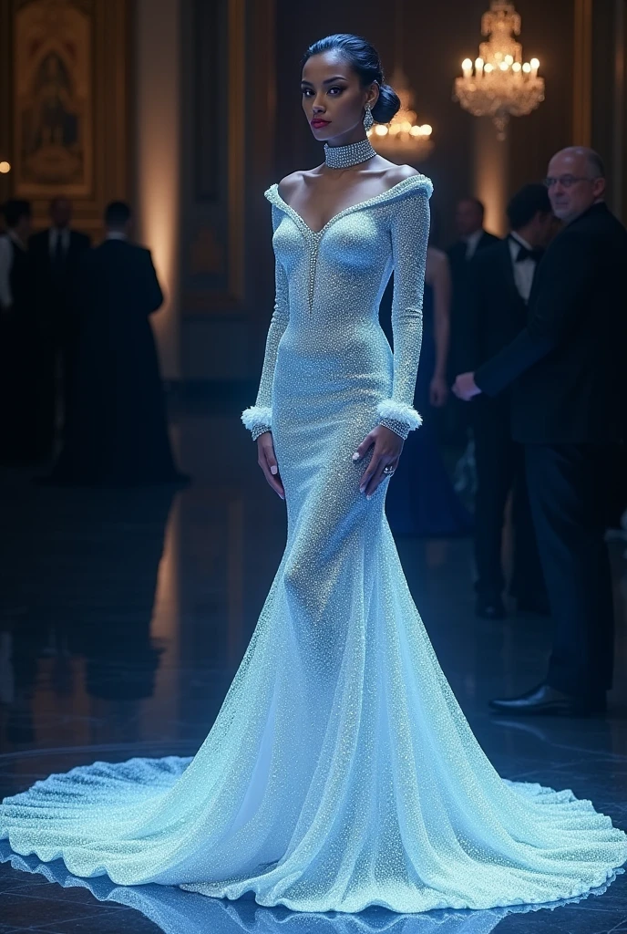 The dress… I had never worn anything like it and I doubted I would do so again..
Made with tiny blue gems, so clear they were almost white, The dress followed all the curves and valleys until it fell to the ground and formed a little pond that was like a liquid of starlight.. The long sleeves were tight on my arms., and they had diamond cuffs on their wrists. The neckline reached my collarbones and that modesty was undone by the way the dress clung to me in areas that I assumed any female liked to show off.. They had put my hair up with two silver and diamond combs.; My hair was left away from my face and then fell over my back.
