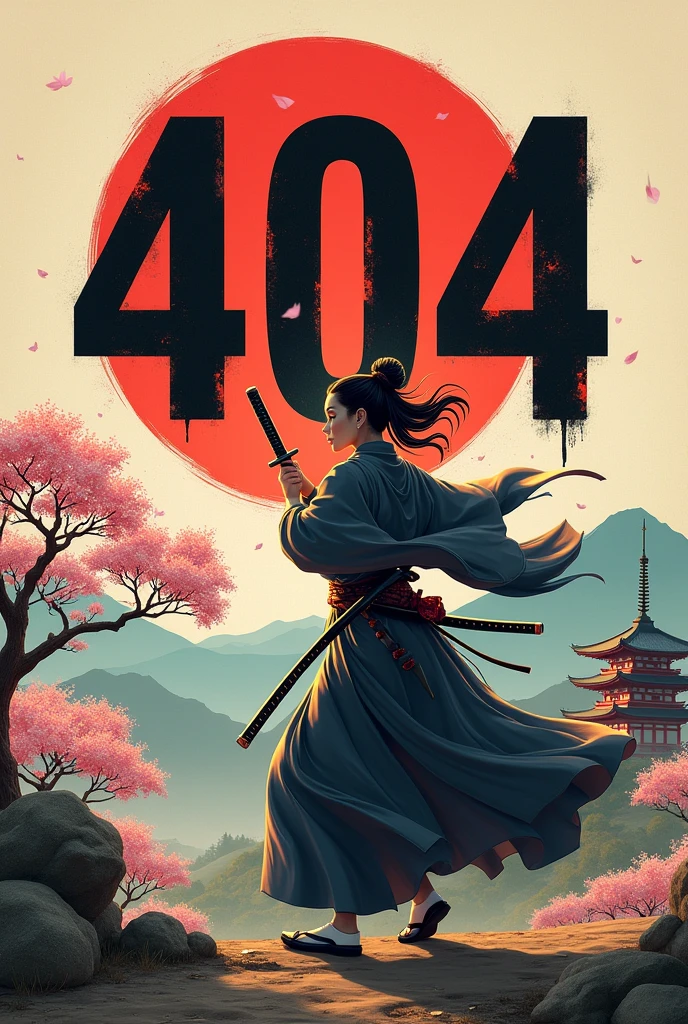 the 404 logo pierced with a katana by a samurai woman from the right side 