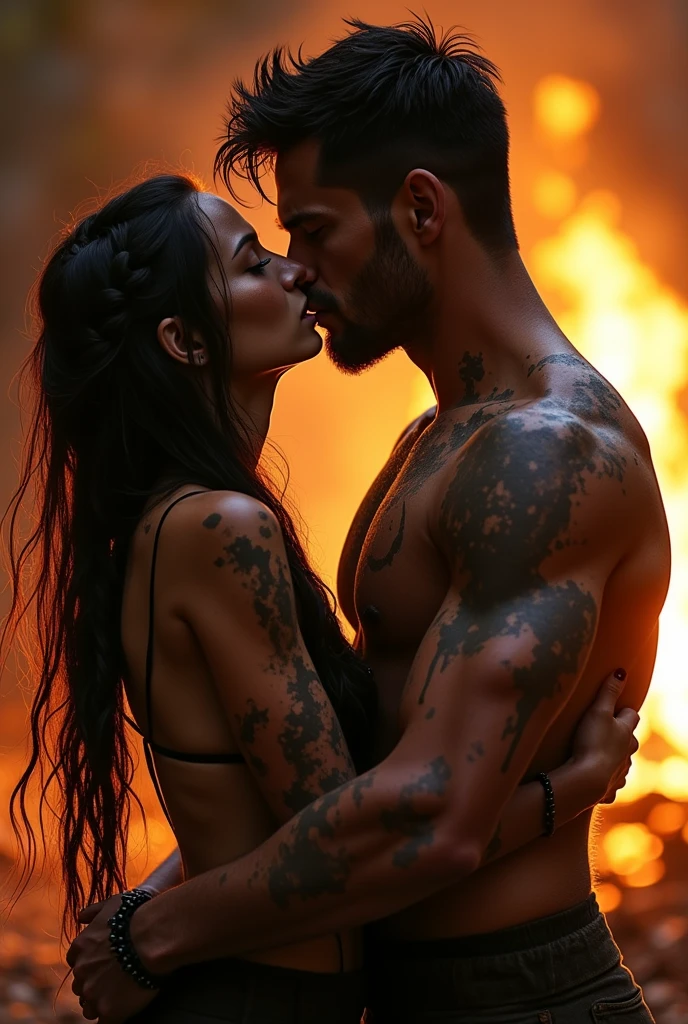 a raven-haired woman, long braided hair, delicate face, with paint and mud covering it, kissing a man with short jet black hair, muscular, marked jaw, shirtless, He also has mud and paint covering him., with a campfire in the background, HORIZONTAL IMAGE, Digital art
