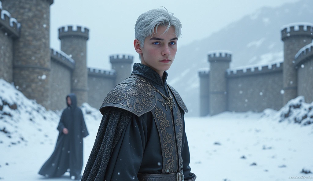 A targaryen teenager boy with with silver short hair, silver eyebrows and purple eyes, medieval clothes, Winterfell scenary, naked in the snow, couple