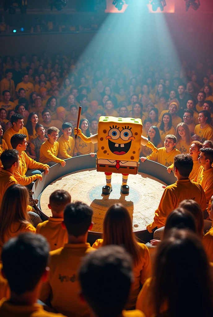 Drumstick hitting a cymbal in the middle of a show full of people watching all wearing a Sponge Bob costume 