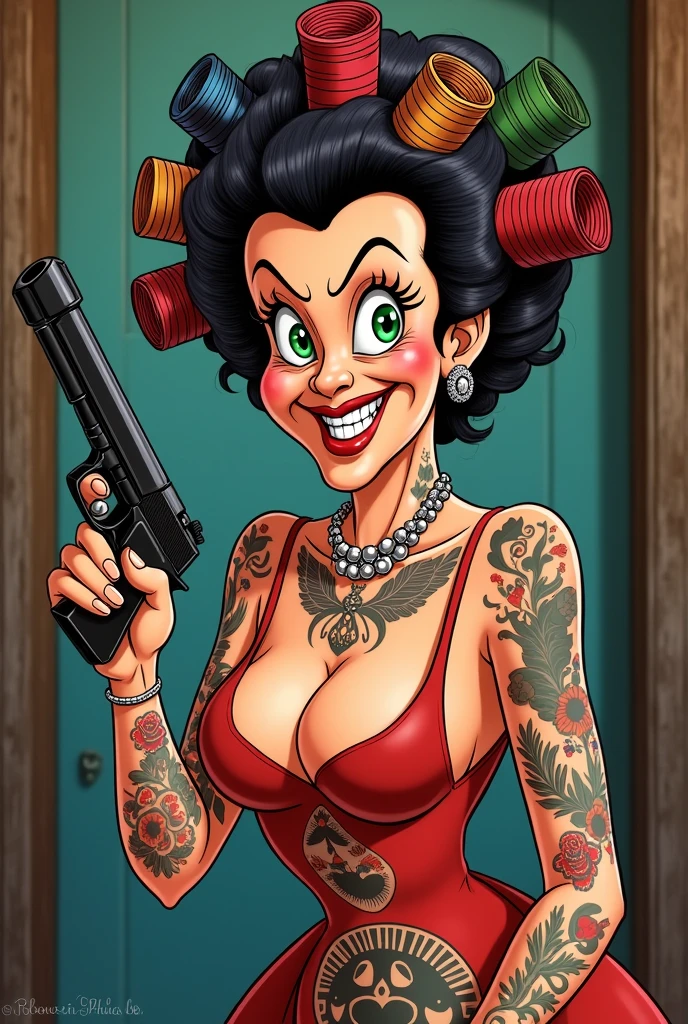 Drawing of Dona Florinda from the television series EL CHAVO holding a firearm and with colored curlers in her hair with an evil face and tattoos on her body, the woman needs to look perfectly like the series Chaves in Animated Cartoon produced by Roberto Gómez Bolaños