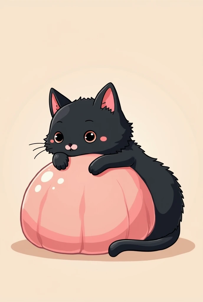a cat on top of a pink mochi , The cat that is black is more adorable and that is hugging him than the mochi and looks more traditional and cartoonish