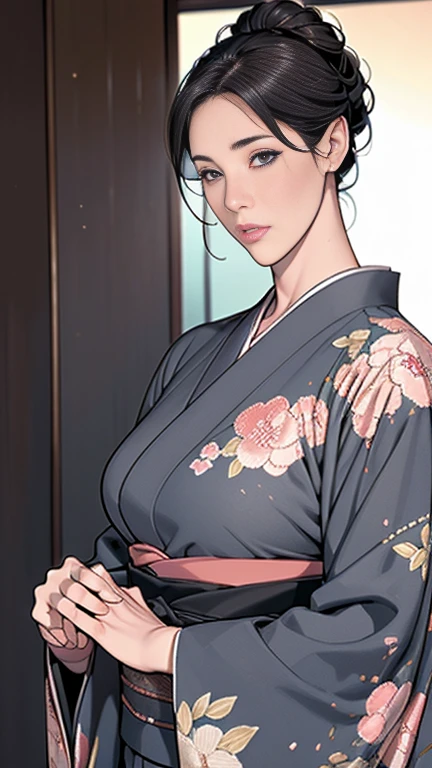 1，Japanese hairstyle，Photorealism，detailed，masterpiece，mature，((full))， (Broad shoulders), ((Huge))，Plus size mature women，expensive，30 years old，Pretty face, (Plump woman)，Beautiful long-sleeved kimono，kimono，Hold your chest with both hands:1，high quality，Are standing，High Resolution 4K Information,Kyoto,
