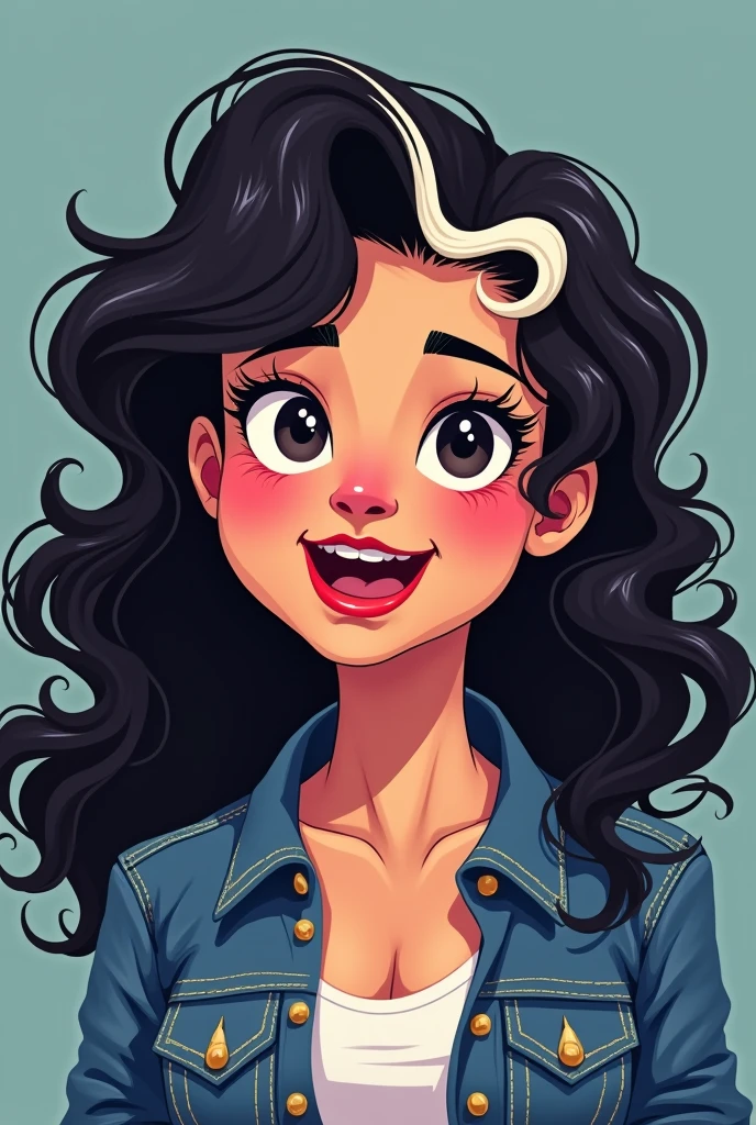 brunette woman, black person hair curly kinky layered long defined white streak, chubby, denim clothing, Brown eyes, reddened mouth, dark eyes, big and wide face, Disney pixel animation style wide nose