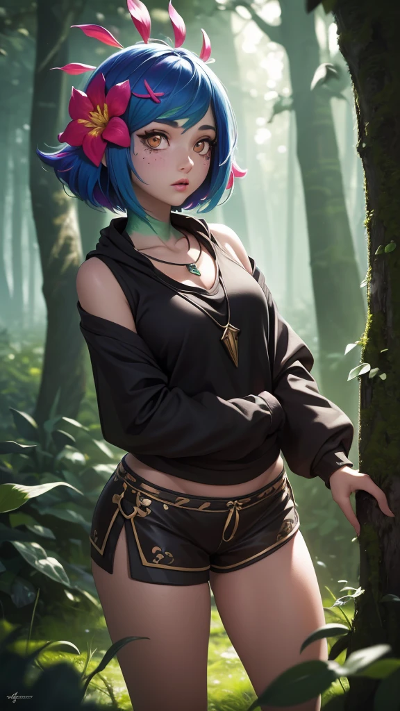 masterpiece,(best quality,top quality,8k),ultra detailed,illustration,painting,detailed eyes and face,1girl,neeko,facial marks, hair ornaments, hair flower, necklace,brown shorts, (black sweatshirt:1.1),(short hair), pretty girl, beauty skin, ultra high res, raw photo , detailed body , (looking at viewer ),(puffy eyes) ,good contrast , high sharpness,(gorgeous),realistic,RAW Photography,(hyperdetailed:1.2),forest,night