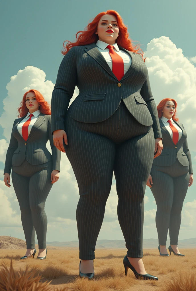 multiple women, giga giantess, young adults, a pair of huge breasts, slim, pinstriped suit，white tailored shirt, large Windsor knot red tie, Has ginger waist-length hair，Wearing a pair of platform heels，A look of enjoyment, Beautiful appearance, smile,  (satellite view)giga giantess