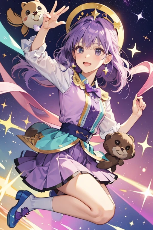 Ozana is a light brown otter with purple hair.
She wears a purple top and a teal skirt with a star fish design.
She comes with a blue headpiece and plum shoes. SPARKLE; GLITTER