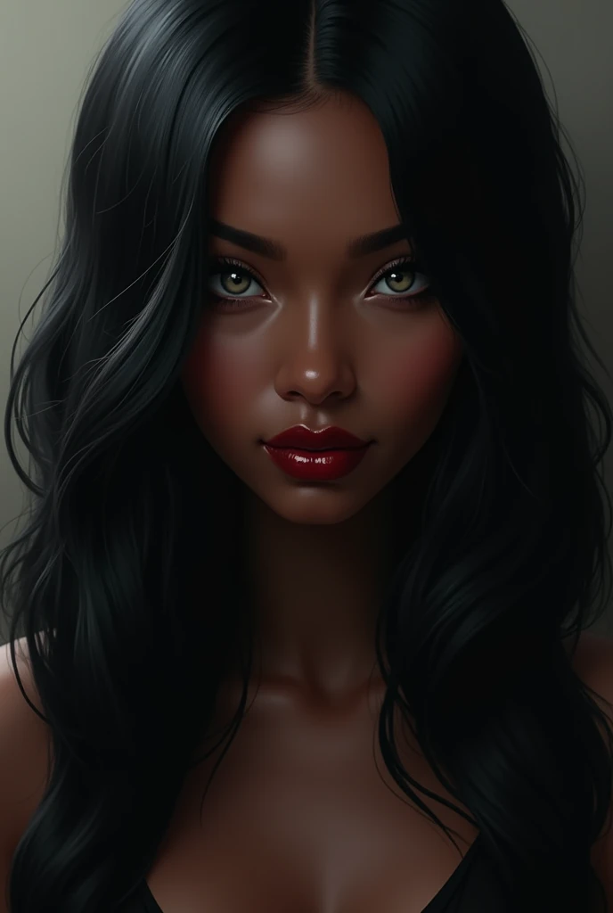 For a profile picture that fits the description of the femme fatale you imagine, here's how I would visualize it:
- **Hair**: Smooth, long, deep black, falling in an elegant cascade.
- Eyes**: Light gray, piercing, with a mysterious, captivating gaze.
- Skin**: Deep black, smooth and radiant.
- Lips**: Luscious, rich wine-red, well-defined and seductive.
- Overall style**: Sophisticated and chic, with a look that exudes both confidence and mystery.
This combination creates a look both elegant and bewitching, typical of a femme fatale.