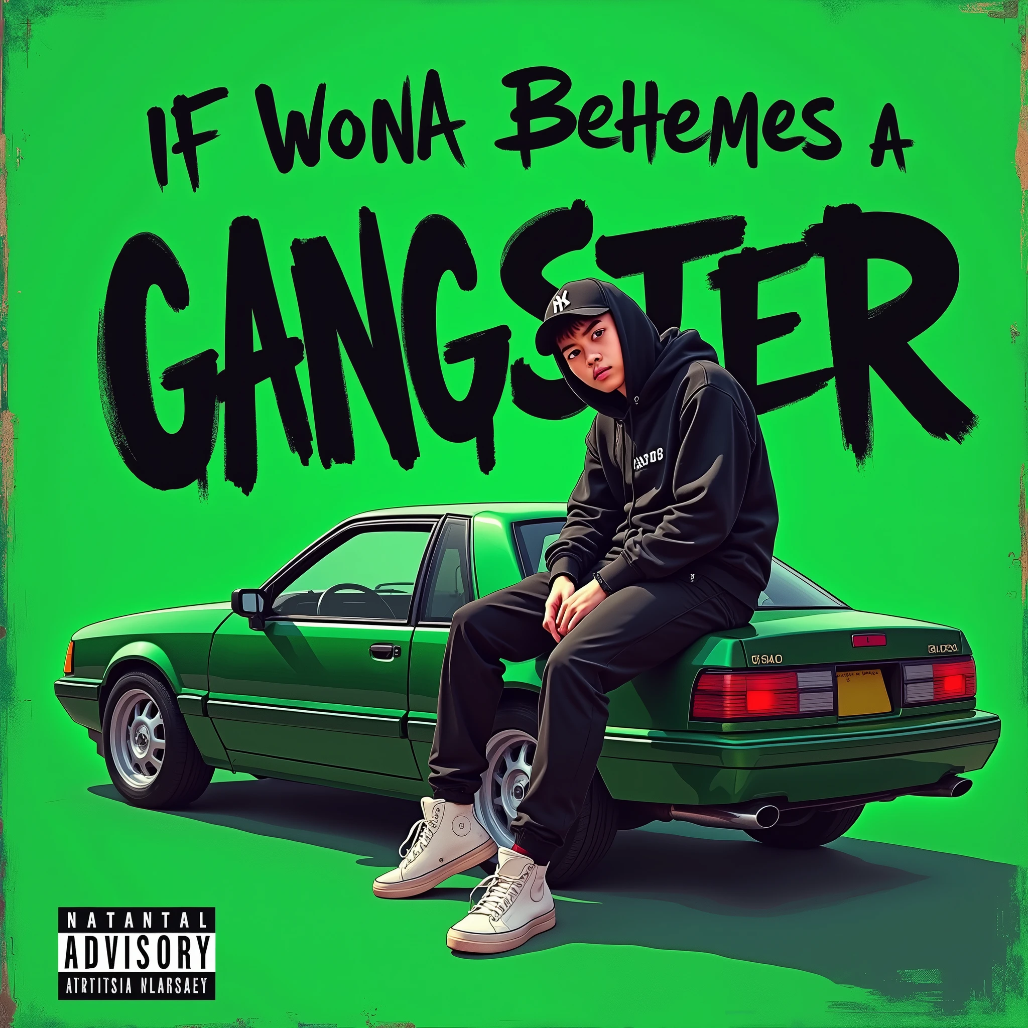 G-FUNK Hip Hop Album Cover, Green Background, Green Car, Write If WONA behemes a gangster on the back of the painting, let's have an Asian teen troublemaker boy with a black hoodie and a black ball cap pressed deep, let's sit on the bonnet