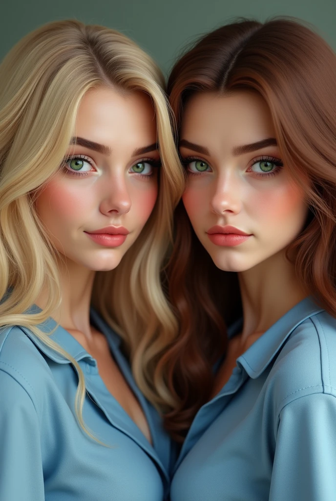 (((best qualityer))), highly detailed, high resolution. 25 year old female, blondie hair, greeneyes claros, fleshy lips, heavy make-up, optimal quality, chestnut hair, greeneyes, she keeps the same posture, she keeps the same body, She wears the same blouse, only it will be blue., 2 woman, she makes a mocking smile, she has a big big ass