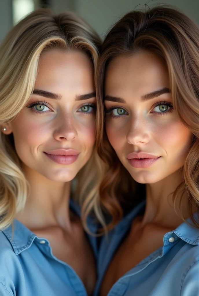(((best qualityer))), highly detailed, high resolution. 25 year old female, blondie hair, greeneyes claros, fleshy lips, heavy make-up, optimal quality, chestnut hair, greeneyes, she keeps the same posture, she keeps the same body, She wears the same blouse, only it will be blue., 2 woman, she makes a mocking smile, she has a big big ass