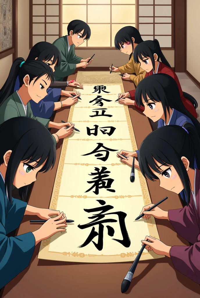 Many Japanese characters writing jiragana a sheet of paper in complex kanji