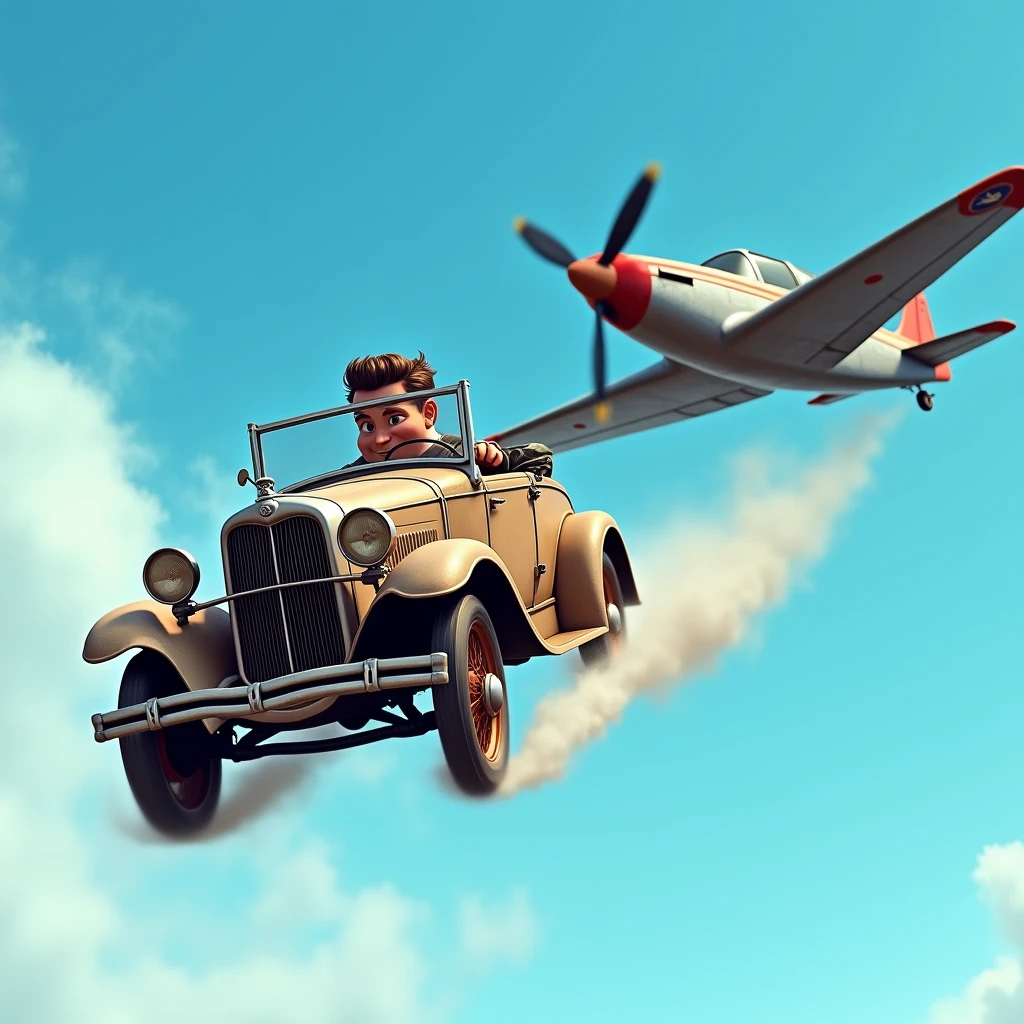 old car and plane speeding with blue sky