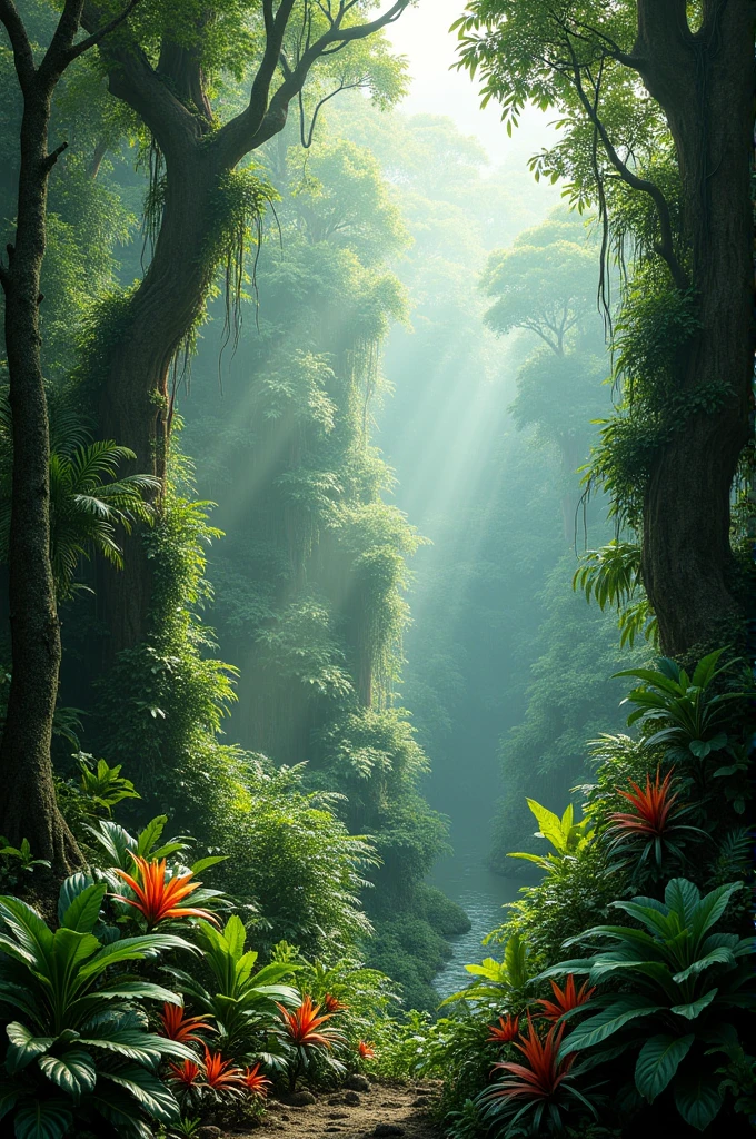 Draw a picture of the Amazon rainforest,There are abundant plants inside。