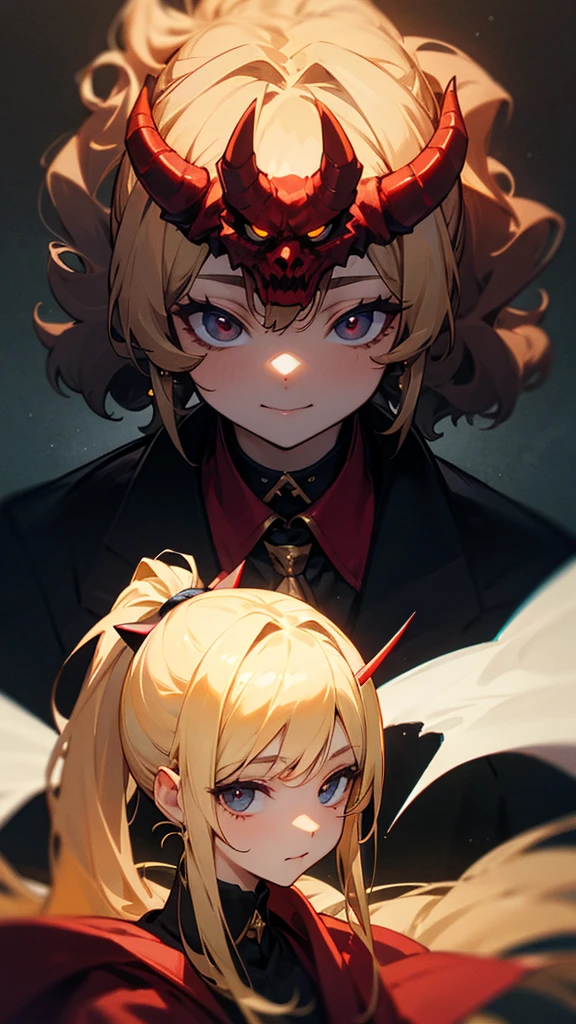 high resolution、Blonde、Perm Ponytail、Devil's。Large horns growing on its head、sexy、Small chested and wearing bondage outfit