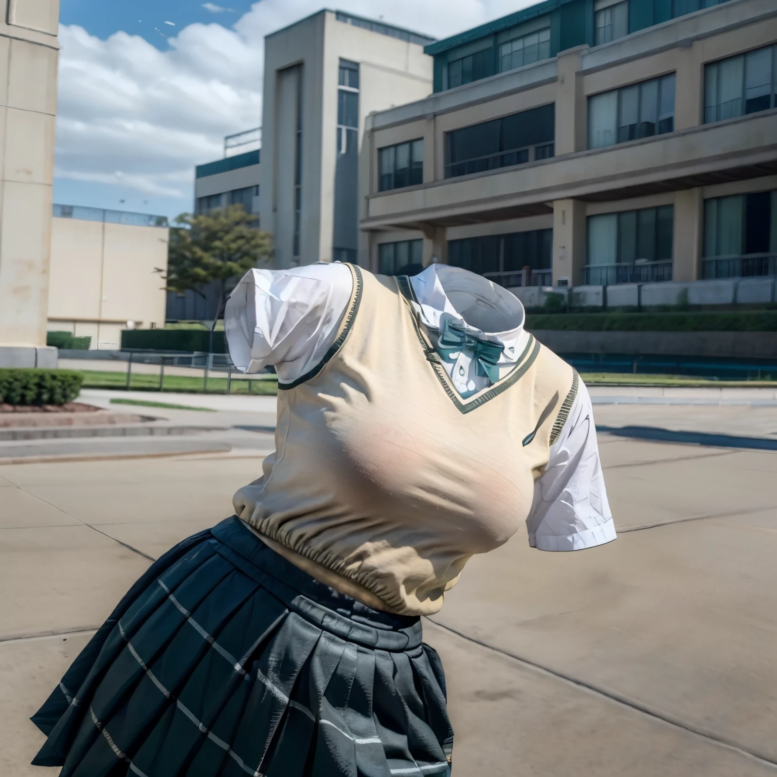(invisible, no humans, headless, handless, legless:1.5), (cute big breast), (masterpiece, best quality:1.2),cowboy shot,upper body,school_uniform,bowtie,green_bow,green_bowtie,skirt,short_sleeves,pleated_skirt,kneehighs,plaid_skirt,green_skirt, kibito high school uniform, school uniform, sweater vest,
(8k, RAW photo, best quality, masterpiece:1.2), (realistic, photo-realistic:1.37),photon mapping, radiosity, ((Hasselblad photography)),physically-based rendering