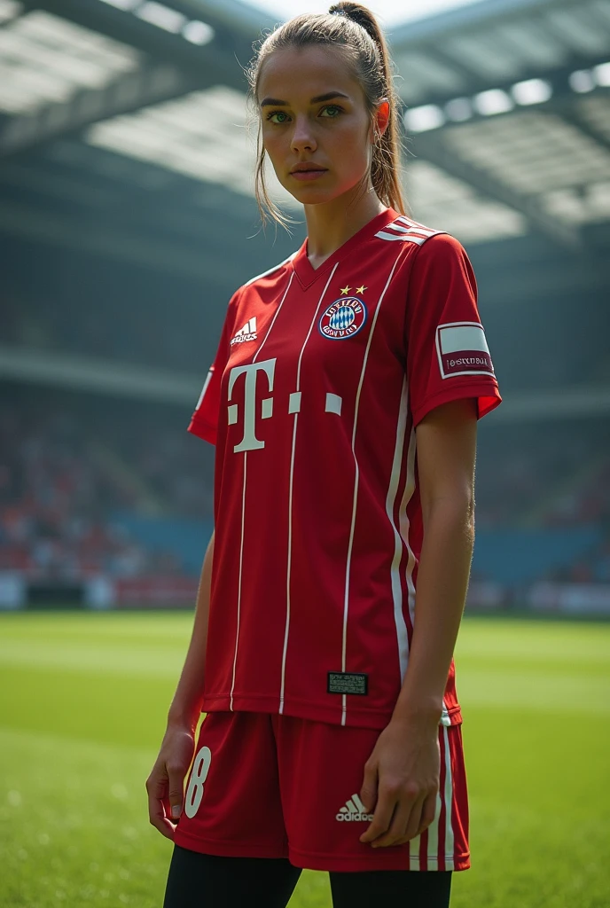 1Elissa, Single, Blue eye, Bayern Munich uniform , Black pantyhose, , football yard, (Masterpiece), (Best quality), (Very complicated)