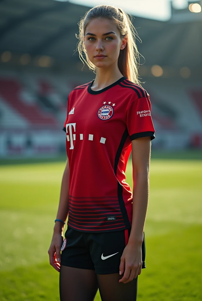 1Elissa, Single, Blue eye, Bayern Munich uniform , Black pantyhose, , football yard, (Masterpiece), (Best quality), (Very complicated)
