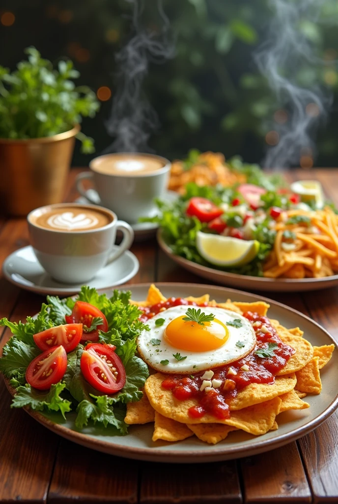 create image of several dishes together salad coffee chilaquiles