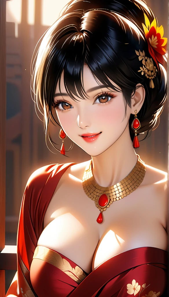 A beautiful mature woman in a ancient plain silk saree, intricate jhumka earrings, detailed alluring eyes, smooth lips, smiling, red lipstick, exposed navel, bangles, saggy breasts, photorealistic, 8k, high quality, masterpiece, cinematic lighting, vibrant colors, intricate details, short messy hair