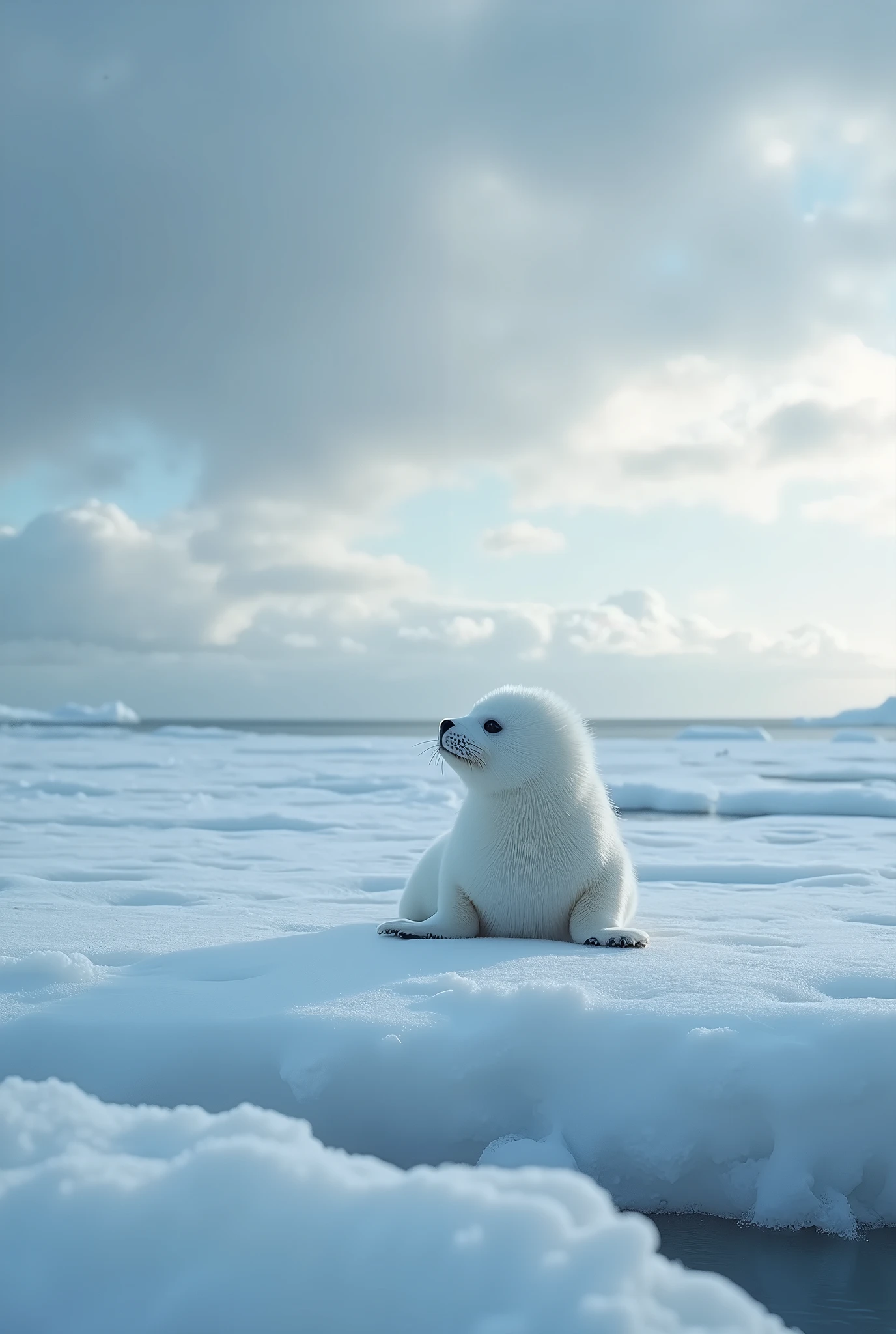 In this mesmerizing image, A cute white seal on a vast, frozen shoreline, gazing out at the endless icy ocean under a inkredible winter sky, detailed, . The scene is serene but lonely and sad, with the seal looking small against the expansive, cold landscape. The image, possibly a photograph, showcases exquisite attention to detail, with the delicate colors blending harmoniously to create a truly stunning and high-quality visual masterpiece.