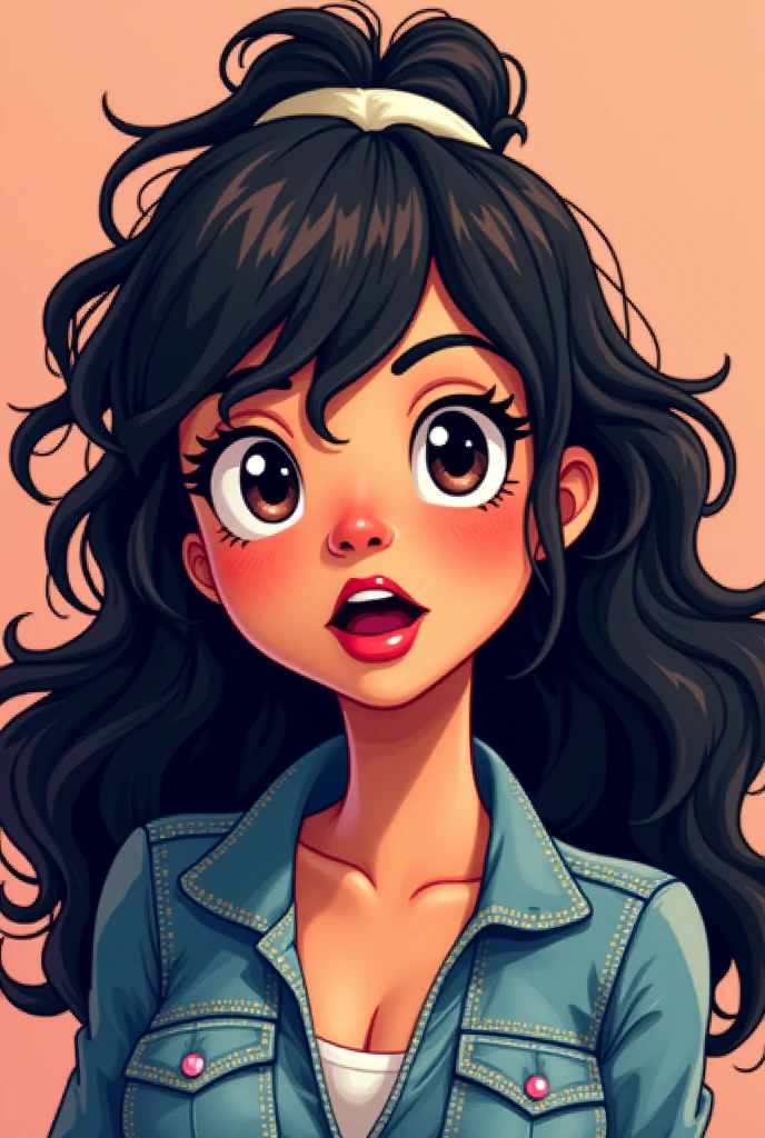 brunette woman, black person hair curly kinky layered long defined white streak, chubby, denim clothing, Brown eyes, reddened mouth, dark eyes, big and wide face, Disney pixel animation style wide nose